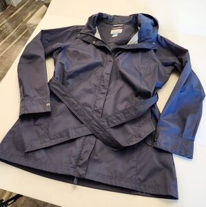 EUC Columbia nylon omni-shield raincoat long belted navy blue XL